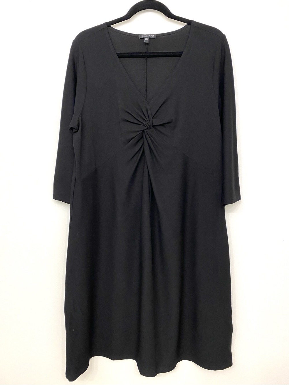 Eileen Fisher Twist Front Midi Dress Black Stretch Crepe V Neck L Effortless